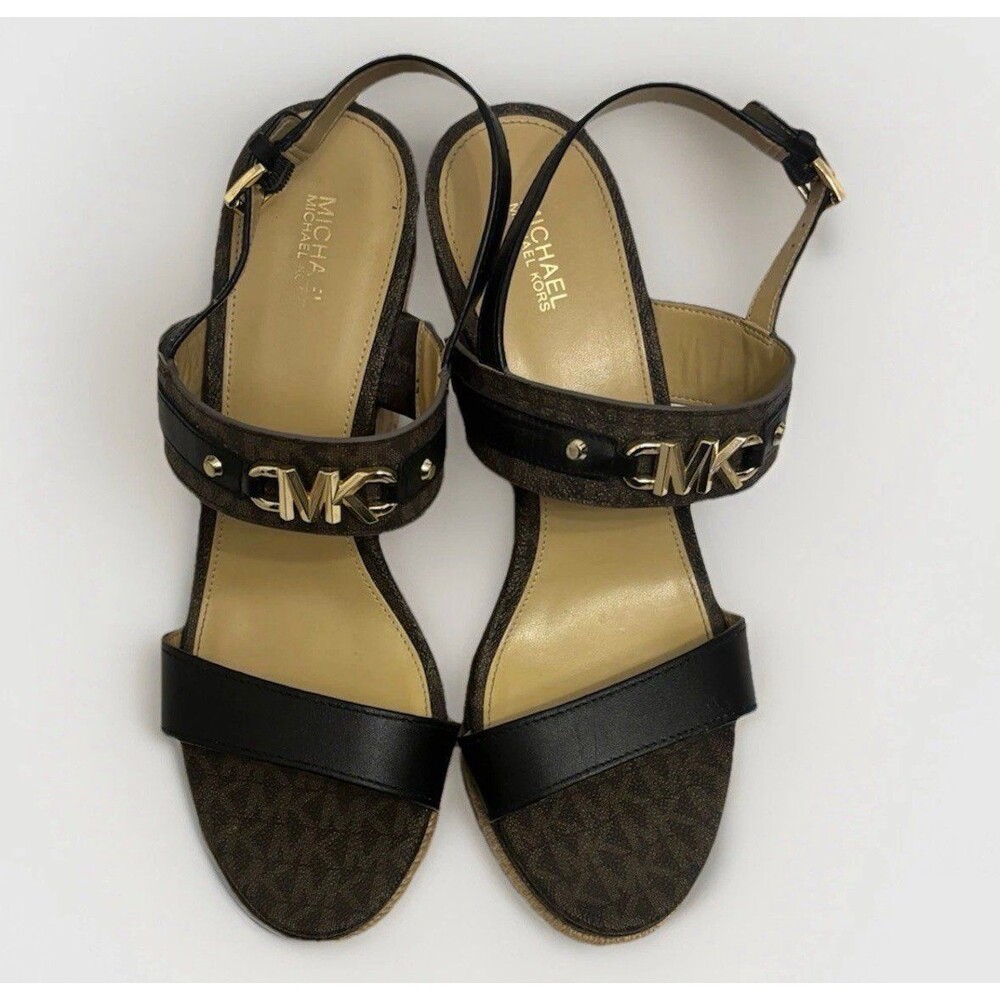 Michael Kors Wedge Sandals Womens Size 10M Brown MK Logo Espadrille Platform - Picture 2 of 5
